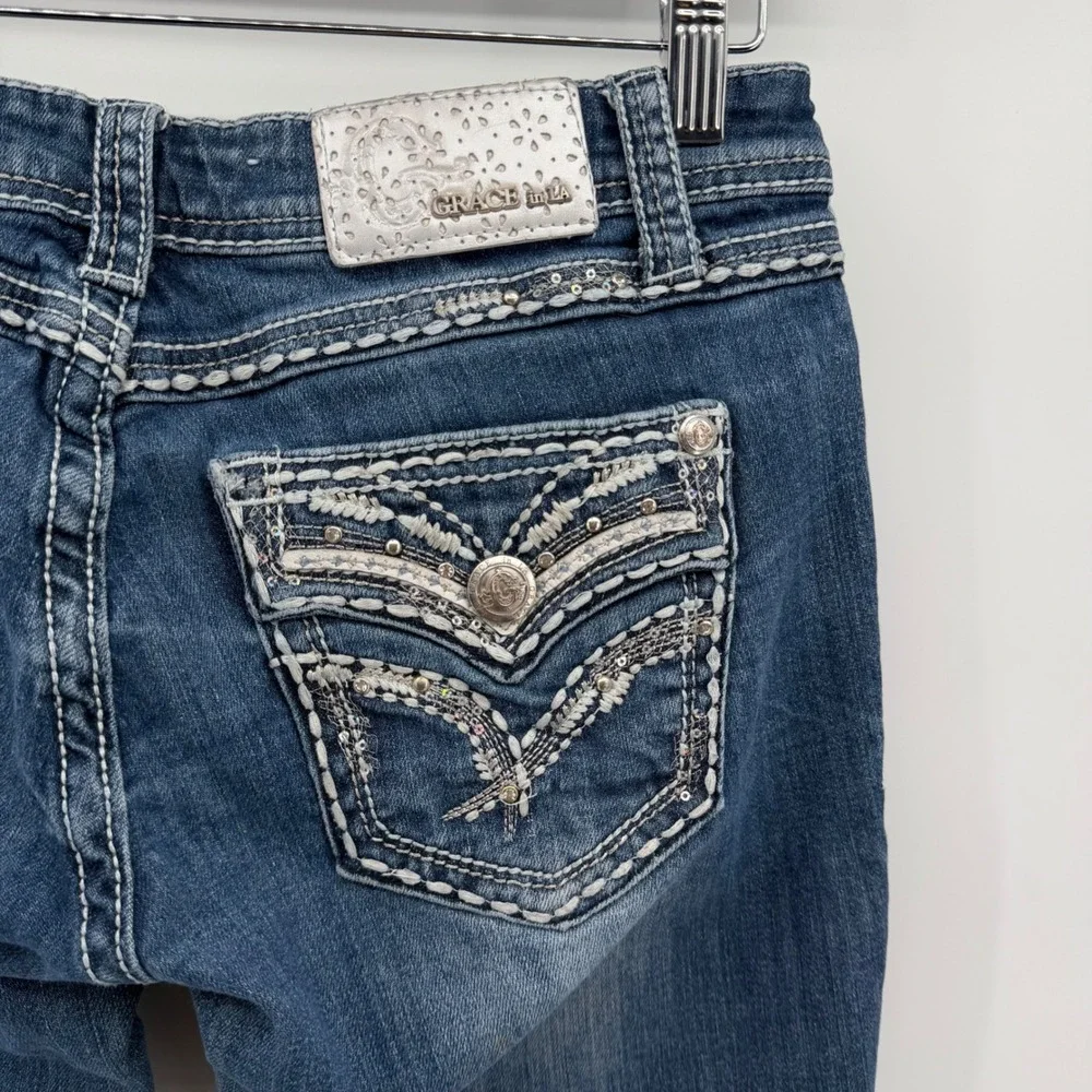 Grace in LA Bootcut Jeans Womens 27‎ Blue Medium Wash Embroidered Sequin Bling